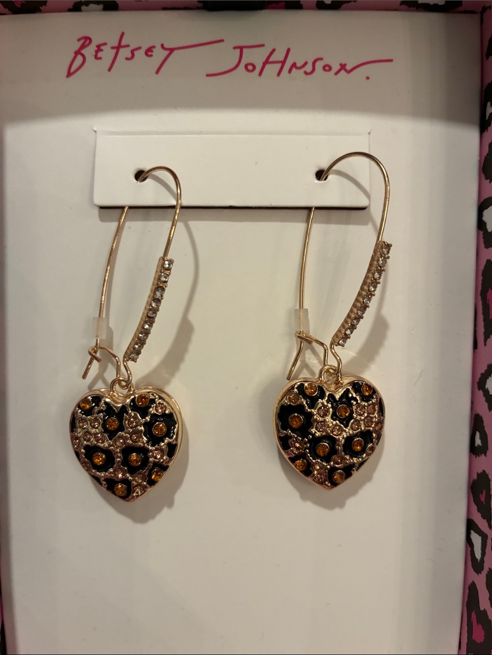 Betsey Johnson Animal Print Heart Drop Earrings w/Black Enamel and Amber Accents